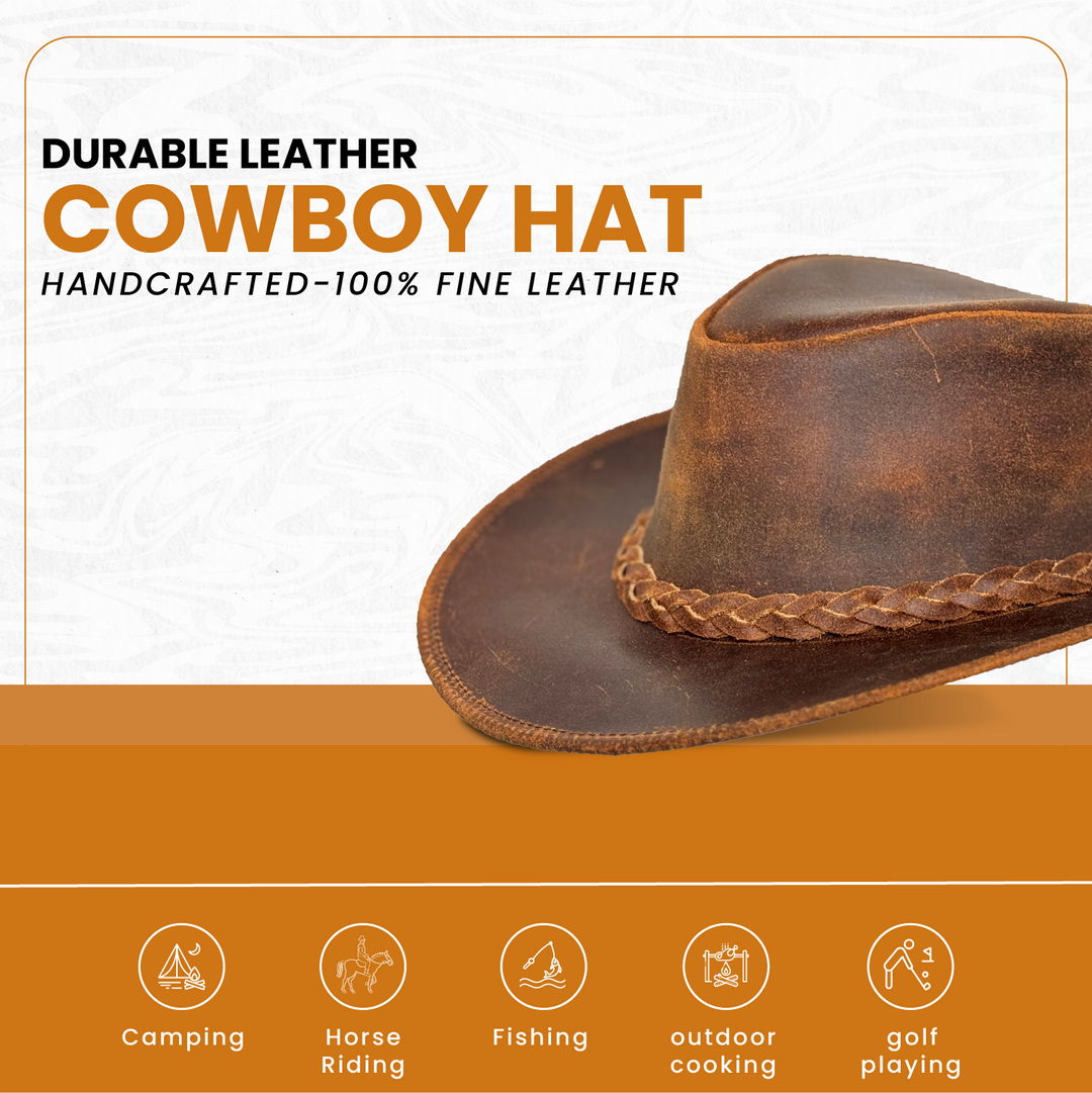 Vintage Gunner Leather Cowboy Hat for Men &amp; Women – Handmade Western Outback Hat with Braided Band, Shapeable Brim