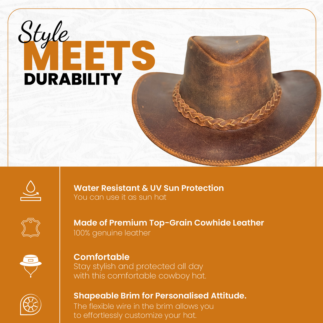 Vintage Gunner Leather Cowboy Hat for Men &amp; Women – Handmade Western Outback Hat with Braided Band, Shapeable Brim