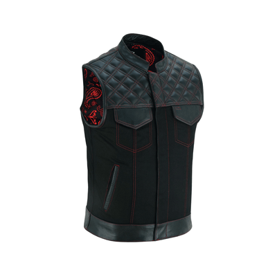 Mens Black Denim & Leather Motorcycle Club Vest Red Thread Zipper Front, Diamond Padding