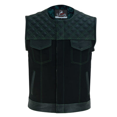 Men's SOA Vest double Green Thread Club Vest, Concealed Gun Pockets Collar Less