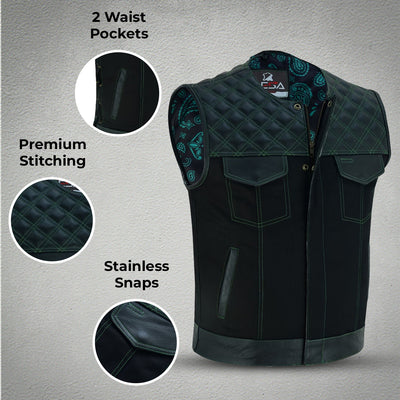 Men's SOA Vest double Green Thread Club Vest, Concealed Gun Pockets Collar Less