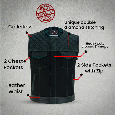 Men's SOA Vest double Green Thread Club Vest, Concealed Gun Pockets Collar Less