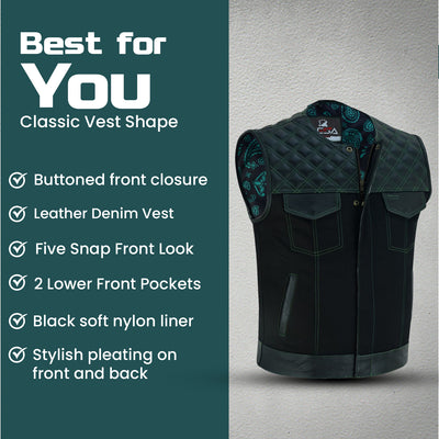 Men's SOA Vest double Green Thread Club Vest, Concealed Gun Pockets Collar Less