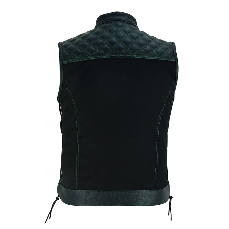 Mens Black Denim & Leather Motorcycle Club Vest Red Thread Diamond Padding with Green stiches laces up