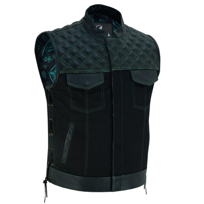 Mens Black Denim & Leather Motorcycle Club Vest Red Thread Diamond Padding with Green stiches laces up