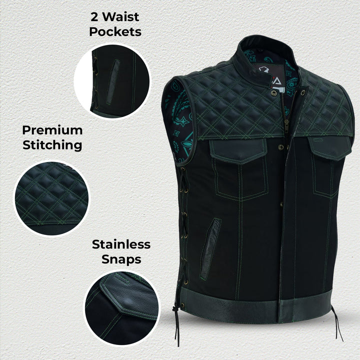 Men’s Black Denim Motorcycle Vest – Green Diamond Quilted SOA Style Biker Vest with Side Laces, Zipper Snap Closure &amp; Multi Pockets