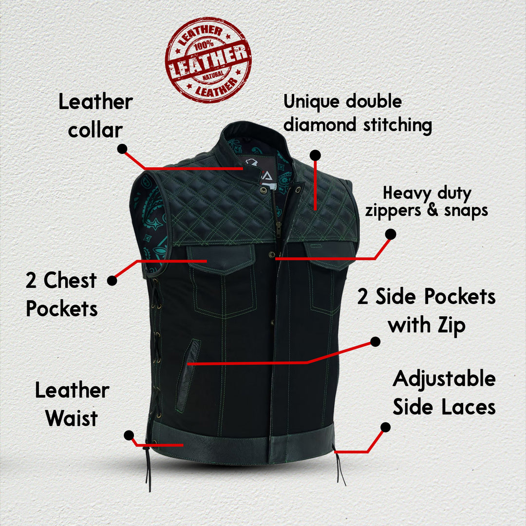 Men’s Black Denim Motorcycle Vest – Green Diamond Quilted SOA Style Biker Vest with Side Laces, Zipper Snap Closure &amp; Multi Pockets