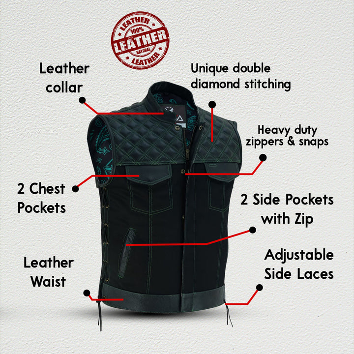 Men’s Black Denim Motorcycle Vest – Green Diamond Quilted SOA Style Biker Vest with Side Laces, Zipper Snap Closure &amp; Multi Pockets