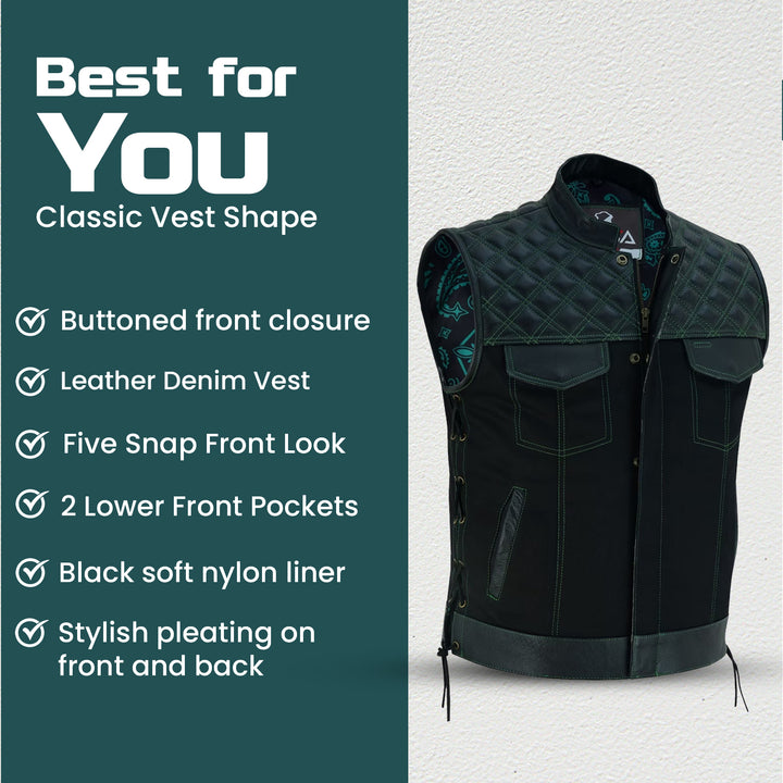 Men’s Black Denim Motorcycle Vest – Green Diamond Quilted SOA Style Biker Vest with Side Laces, Zipper Snap Closure &amp; Multi Pockets