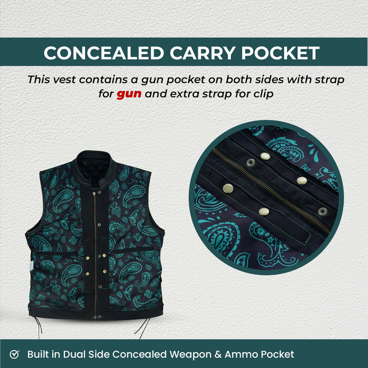 Men’s Black Denim Motorcycle Vest – Green Diamond Quilted SOA Style Biker Vest with Side Laces, Zipper Snap Closure &amp; Multi Pockets