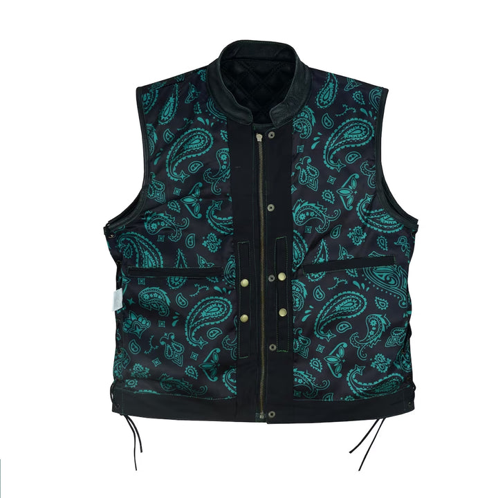 Men’s Black Denim Motorcycle Vest – Green Diamond Quilted SOA Style Biker Vest with Side Laces, Zipper Snap Closure &amp; Multi Pockets