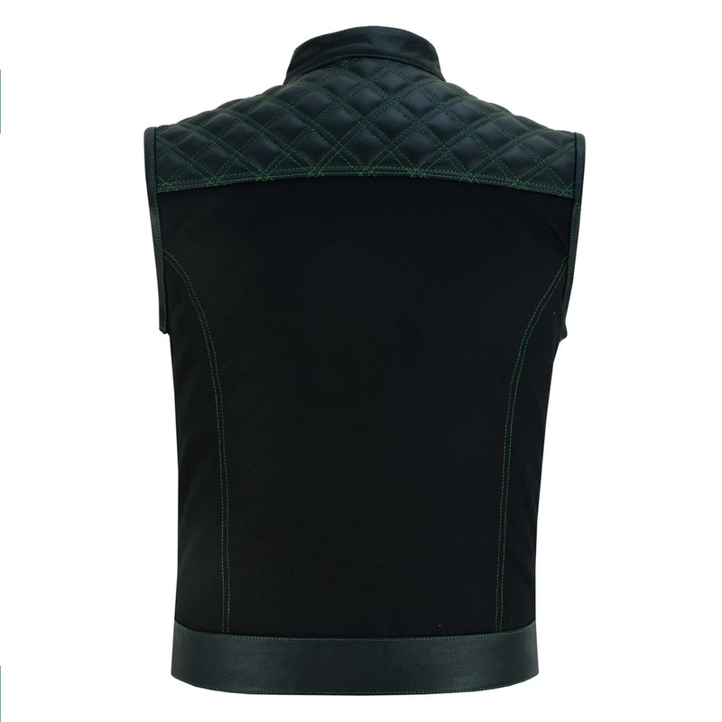 Mens Black Denim & Leather Motorcycle Club Vest Green Thread Zipper Front, Diamond Padding