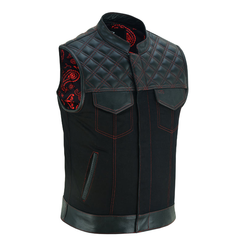 Mens Black Denim & Leather Motorcycle Club Vest Red Thread Zipper Front, Diamond Padding