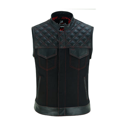 Mens Black Denim & Leather Motorcycle Club Vest Red Thread Zipper Front, Diamond Padding