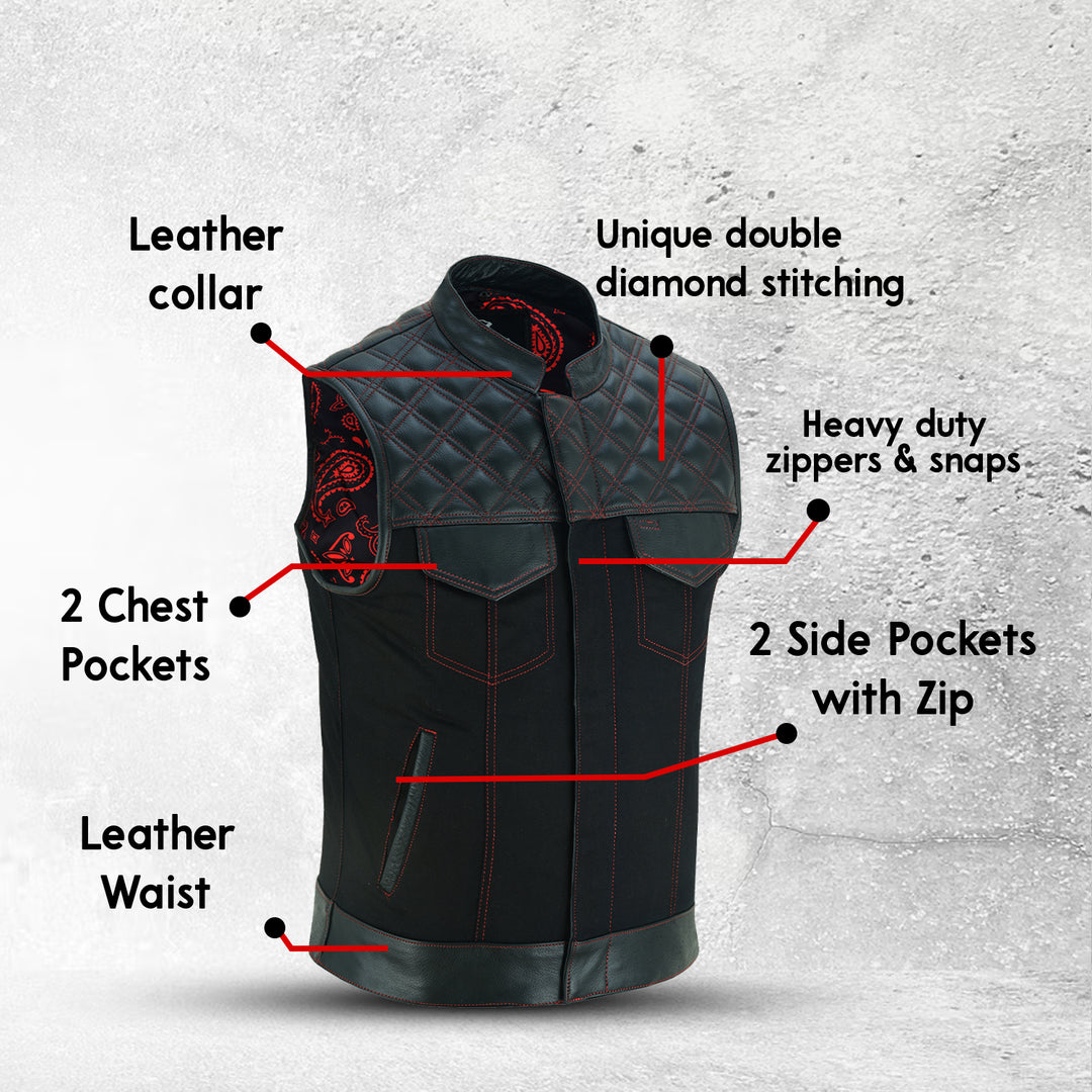 Men’s Black Leather &amp; Denim Motorcycle Vest – Diamond Quilted Red Stitch Biker Vest with Collar, Dual Zipper Snap Closure &amp; Concealed Carry Pockets