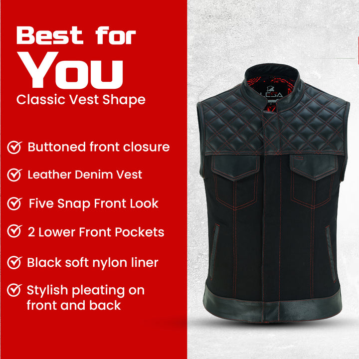 Men’s Black Leather &amp; Denim Motorcycle Vest – Diamond Quilted Red Stitch Biker Vest with Collar, Dual Zipper Snap Closure &amp; Concealed Carry Pockets