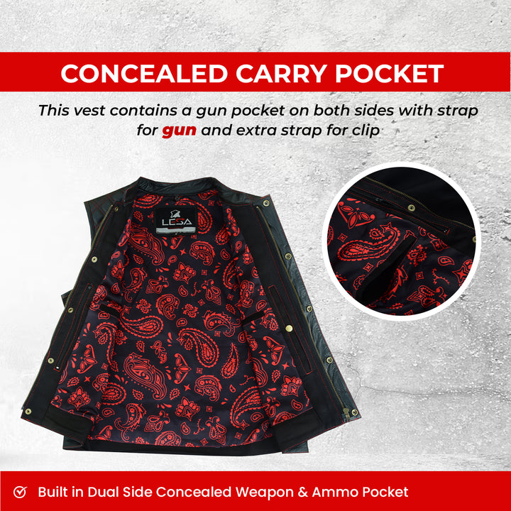 Men’s Black Leather &amp; Denim Motorcycle Vest – Diamond Quilted Red Stitch Biker Vest with Collar, Dual Zipper Snap Closure &amp; Concealed Carry Pockets