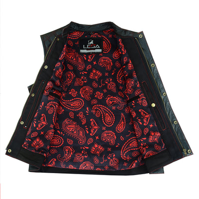 Mens Black Denim & Leather Motorcycle Club Vest Red Thread Zipper Front, Diamond Padding