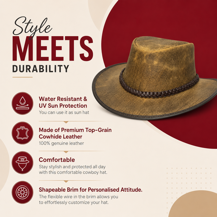 Distressed Toughness Leather Cowboy Hat for Men &amp; Women – Handcrafted Western Outback Hat with Shapeable Brim &amp; Braided Band