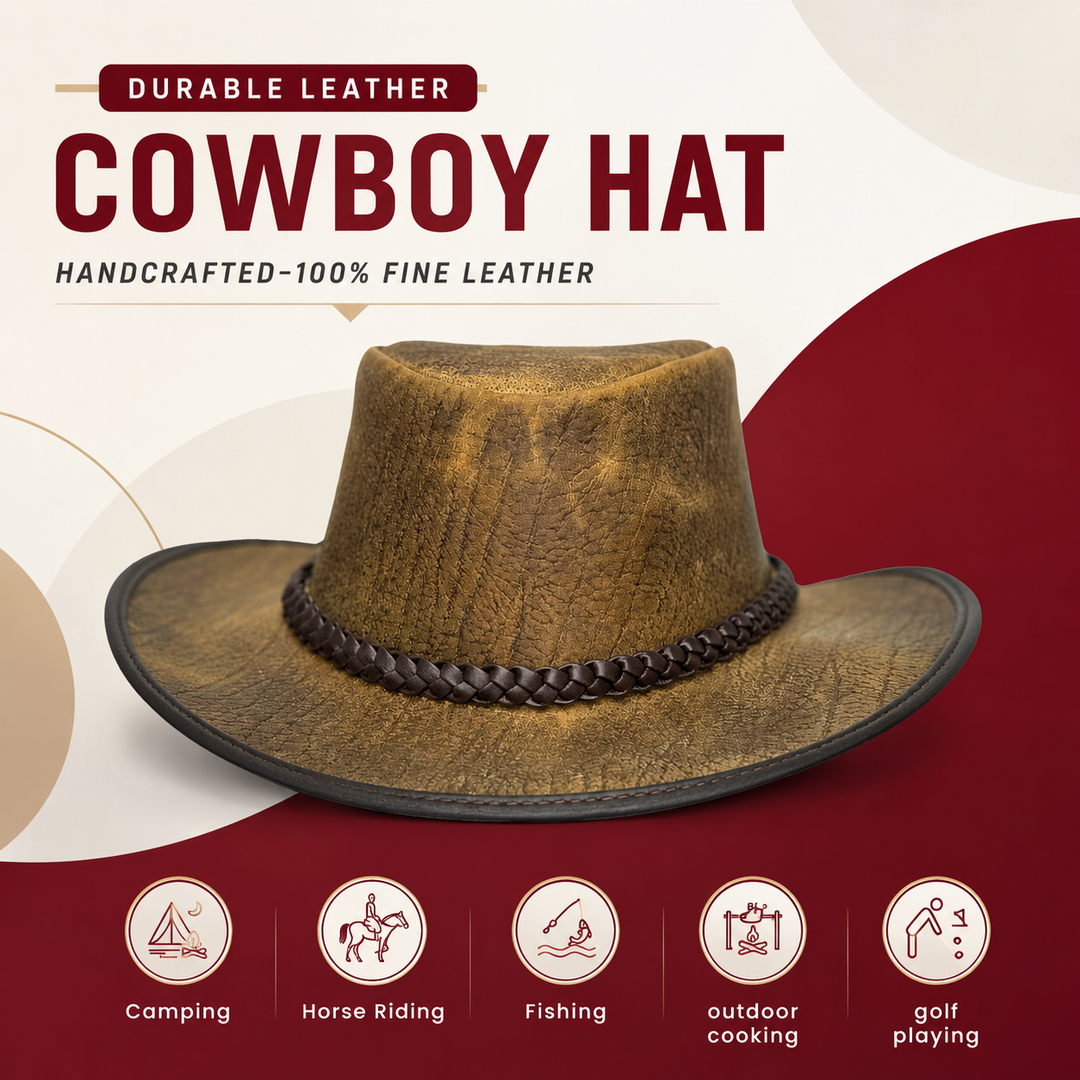Distressed Toughness Leather Cowboy Hat for Men &amp; Women – Handcrafted Western Outback Hat with Shapeable Brim &amp; Braided Band