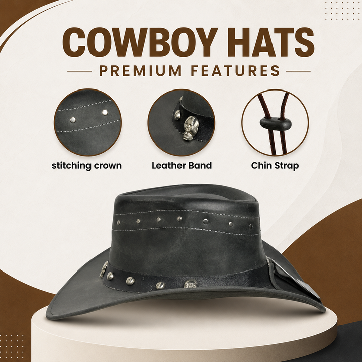 Danakil Leather Cowboy Hat for Men &amp; Women – Top Grain Leather Western Hat with Skull &amp; Stud Design, Shapeable Brim
