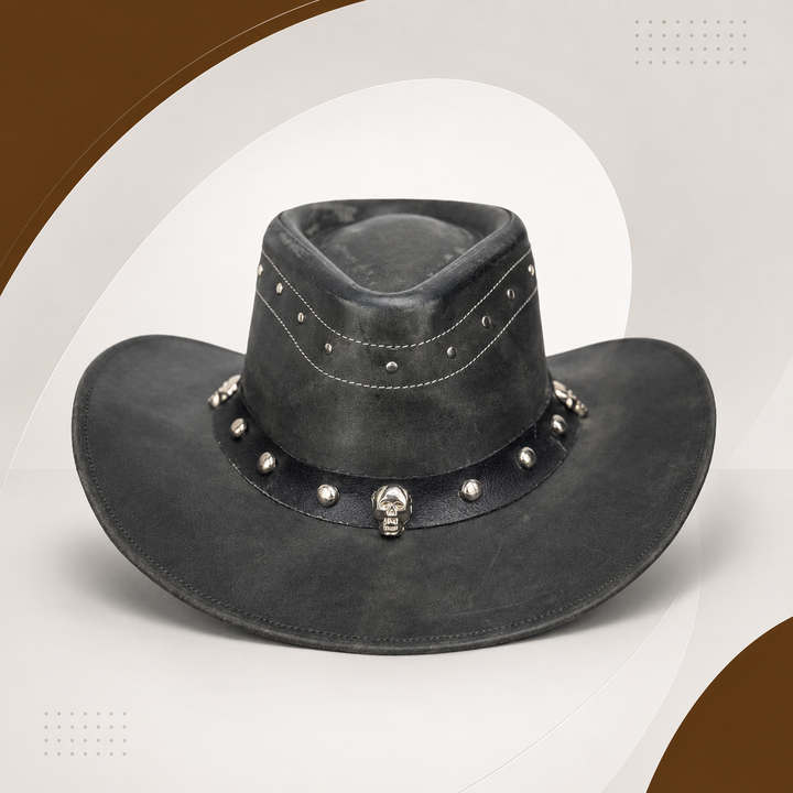 Danakil Leather Cowboy Hat for Men &amp; Women – Top Grain Leather Western Hat with Skull &amp; Stud Design, Shapeable Brim