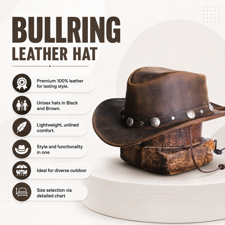 Buffalo Coin Top Grain Leather Cowboy Hat for Men &amp; Women – Handcrafted Western Outback Hat with Shapeable Wide Brim