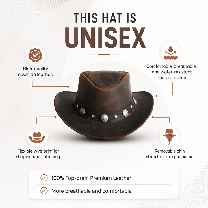 Buffalo Coin Top Grain Leather Cowboy Hat for Men &amp; Women – Handcrafted Western Outback Hat with Shapeable Wide Brim