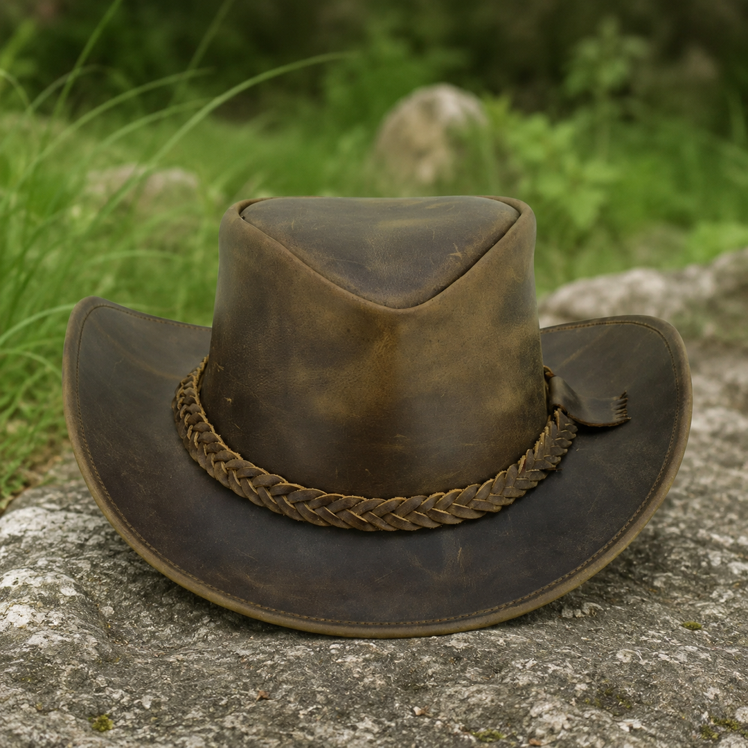 Australian Outback Distressed Leather Cowboy Hat for Men &amp; Women – Genuine Cowhide Western Outback Hat