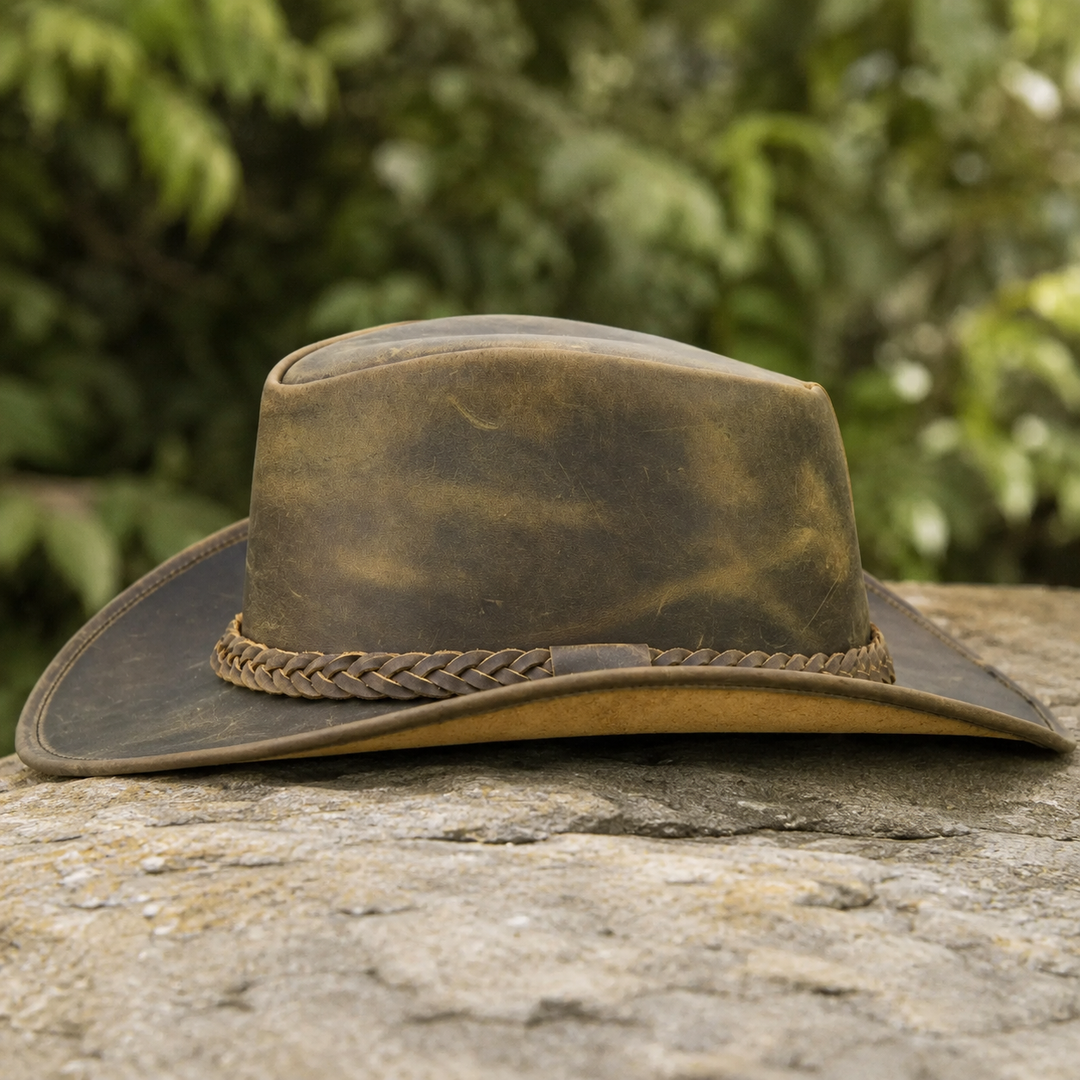 Australian Outback Distressed Leather Cowboy Hat for Men &amp; Women – Genuine Cowhide Western Outback Hat