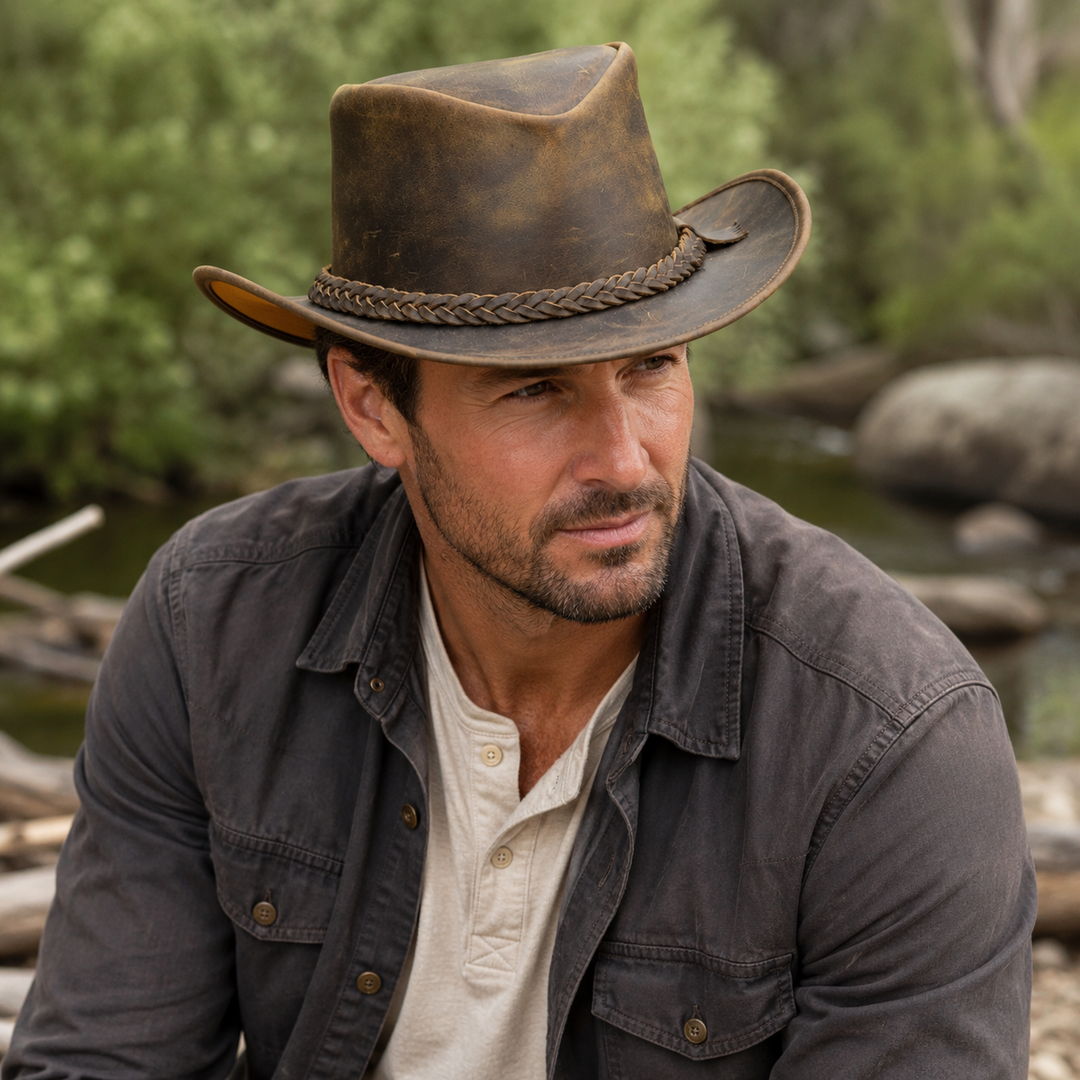 Australian Outback Distressed Leather Cowboy Hat for Men &amp; Women – Genuine Cowhide Western Outback Hat