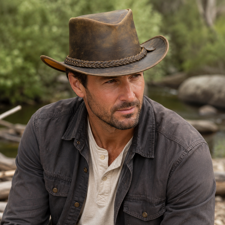 Australian Outback Distressed Leather Cowboy Hat for Men &amp; Women – Genuine Cowhide Western Outback Hat