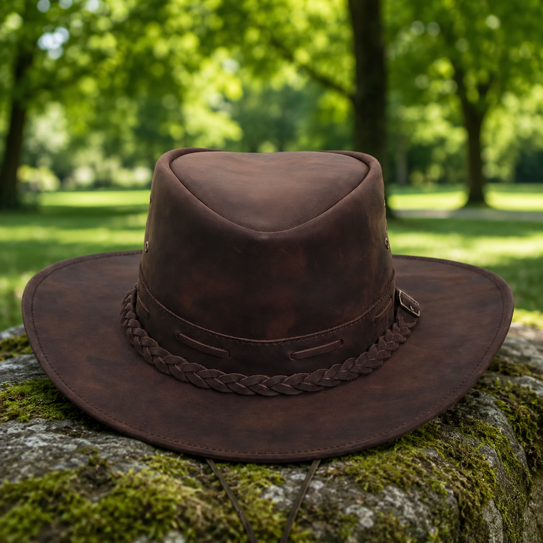 Rustic Leather Cowboy Hat for Men &amp; Women – Genuine Distressed Leather Western Hat with Shapeable Brim, Braided Leather Band