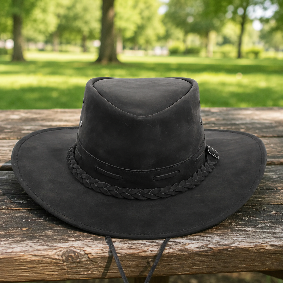 Rustic Leather Cowboy Hat for Men &amp; Women – Genuine Distressed Leather Western Hat with Shapeable Brim, Braided Leather Band