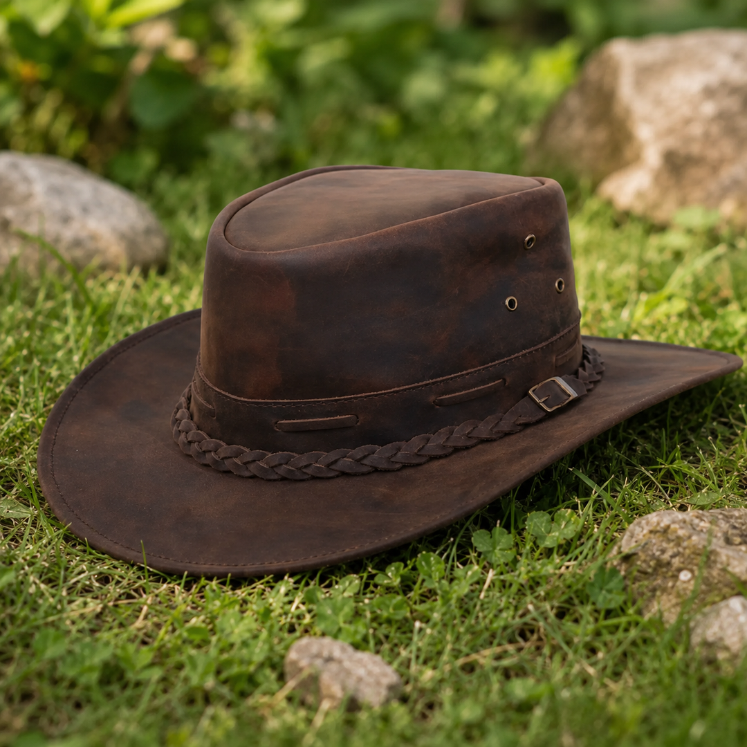 Rustic Leather Cowboy Hat for Men &amp; Women – Genuine Distressed Leather Western Hat with Shapeable Brim, Braided Leather Band