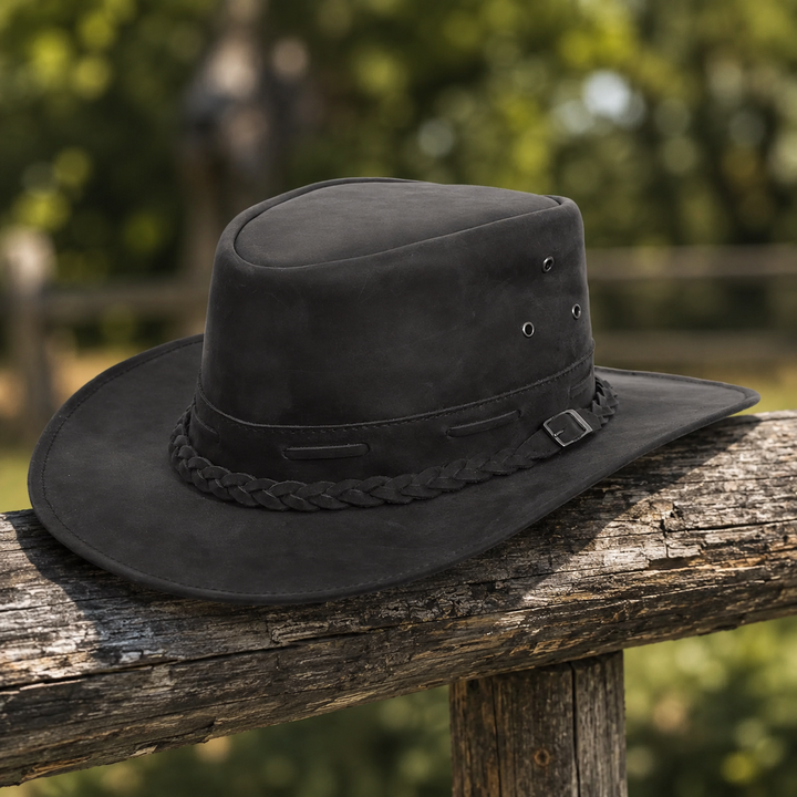 Rustic Leather Cowboy Hat for Men &amp; Women – Genuine Distressed Leather Western Hat with Shapeable Brim, Braided Leather Band