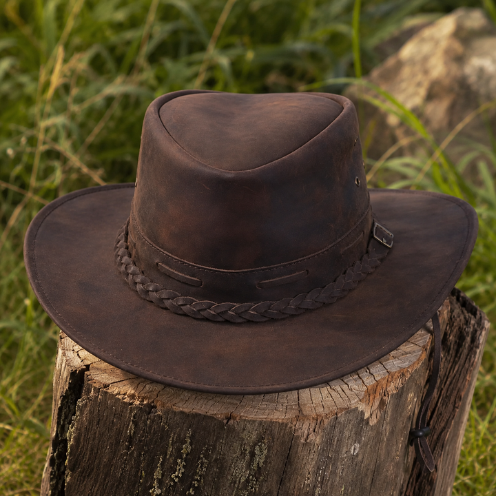 Rustic Leather Cowboy Hat for Men &amp; Women – Genuine Distressed Leather Western Hat with Shapeable Brim, Braided Leather Band