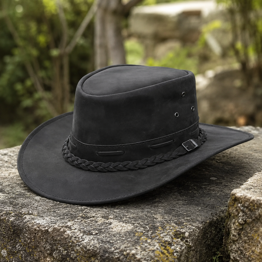 Rustic Leather Cowboy Hat for Men &amp; Women – Genuine Distressed Leather Western Hat with Shapeable Brim, Braided Leather Band