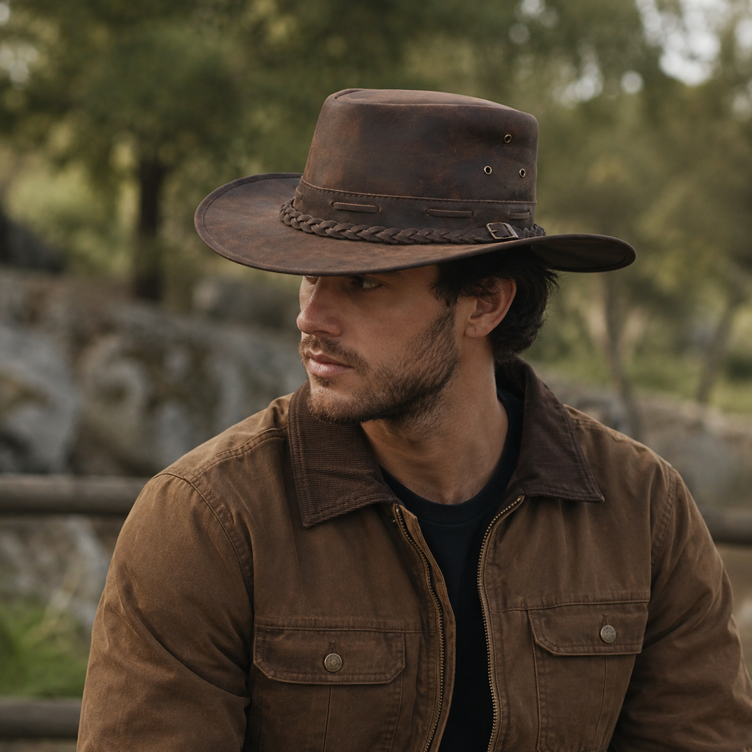 Rustic Leather Cowboy Hat for Men &amp; Women – Genuine Distressed Leather Western Hat with Shapeable Brim, Braided Leather Band