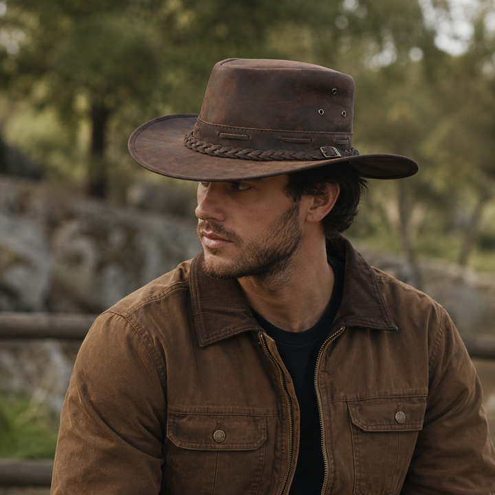 Rustic Leather Cowboy Hat for Men &amp; Women – Genuine Distressed Leather Western Hat with Shapeable Brim, Braided Leather Band