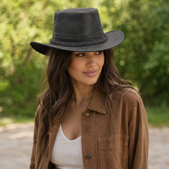 Rustic Leather Cowboy Hat for Men &amp; Women – Genuine Distressed Leather Western Hat with Shapeable Brim, Braided Leather Band