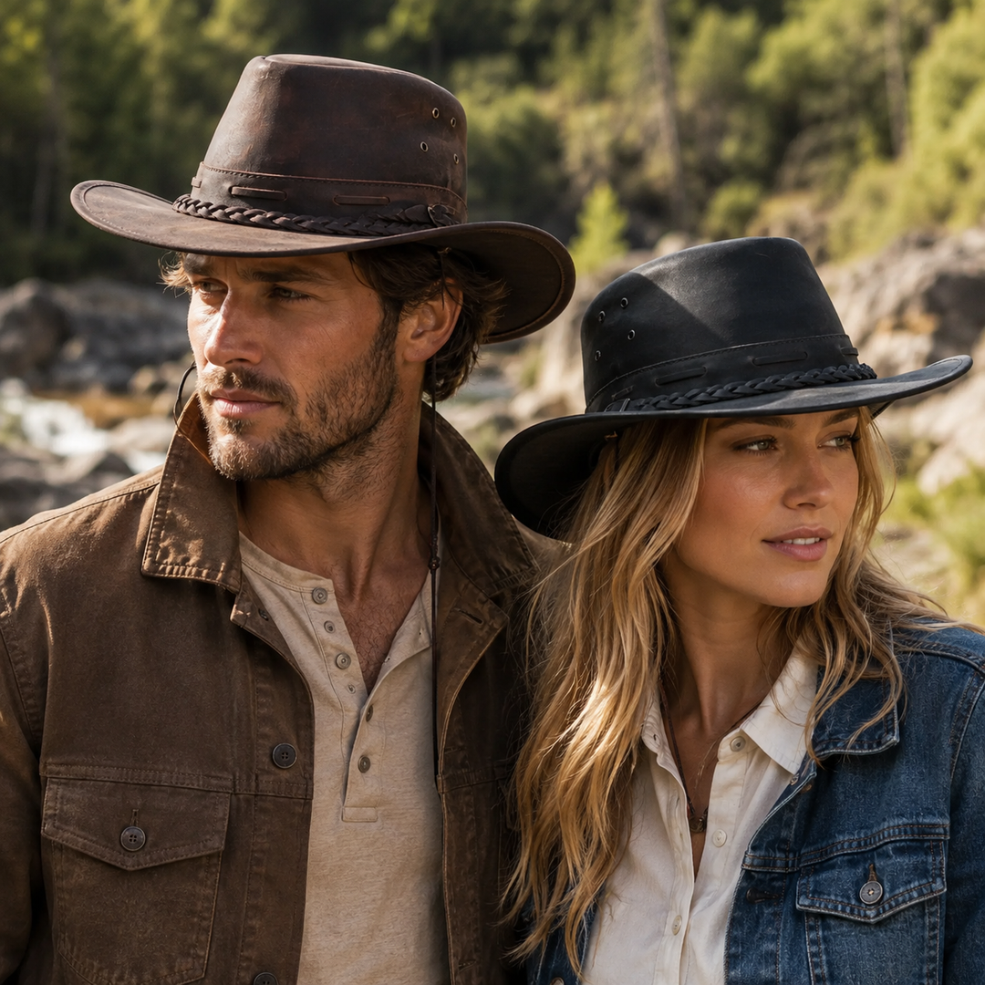 Rustic Leather Cowboy Hat for Men &amp; Women – Genuine Distressed Leather Western Hat with Shapeable Brim, Braided Leather Band