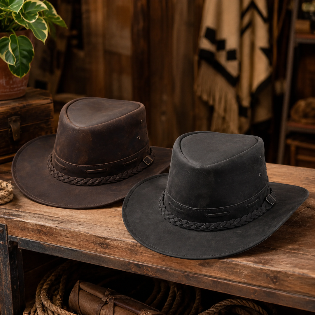 Rustic Leather Cowboy Hat for Men &amp; Women – Genuine Distressed Leather Western Hat with Shapeable Brim, Braided Leather Band
