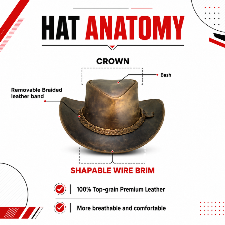 Australian Outback Distressed Leather Cowboy Hat for Men &amp; Women – Genuine Cowhide Western Outback Hat