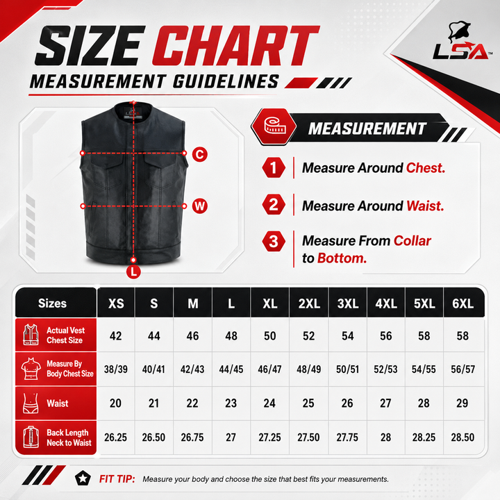 Collarless Men’s Leather Motorcycle Vest – Cowhide Biker Vest with Concealed Carry Pockets, Snap &amp; Zip Closure, 8 Pocket Riding Leather vest for Men