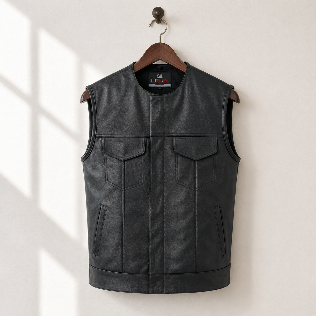 Collarless Men’s Leather Motorcycle Vest – Cowhide Biker Vest with Concealed Carry Pockets, Snap &amp; Zip Closure, 8 Pocket Riding Leather vest for Men