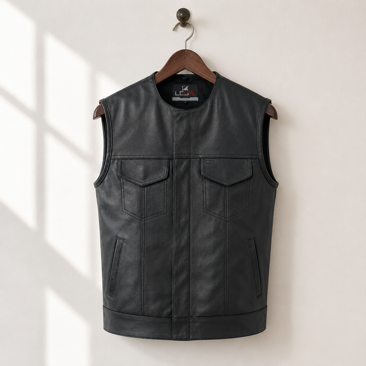 Collarless Men’s Leather Motorcycle Vest – Cowhide Biker Vest with Concealed Carry Pockets, Snap &amp; Zip Closure, 8 Pocket Riding Leather vest for Men