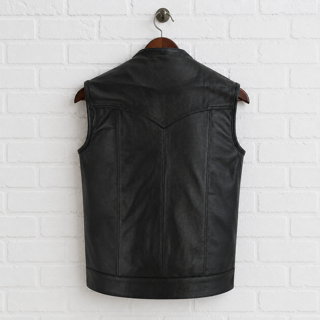 Collarless Men’s Leather Motorcycle Vest – Cowhide Biker Vest with Concealed Carry Pockets, Snap &amp; Zip Closure, 8 Pocket Riding Leather vest for Men