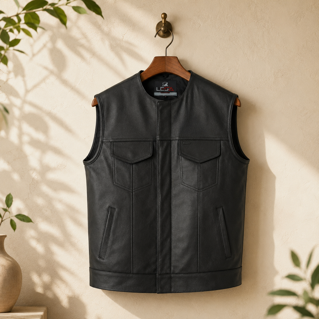 Collarless Men’s Leather Motorcycle Vest – Cowhide Biker Vest with Concealed Carry Pockets, Snap &amp; Zip Closure, 8 Pocket Riding Leather vest for Men
