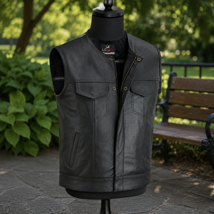 Collarless Men’s Leather Motorcycle Vest – Cowhide Biker Vest with Concealed Carry Pockets, Snap &amp; Zip Closure, 8 Pocket Riding Leather vest for Men